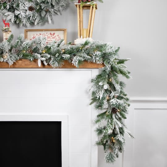 9ft. Pre-Lit Flocked Mixed Rosemary Emerald Pine Christmas Garland